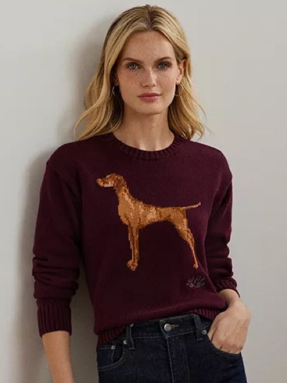 Ralph Lauren Intarsia-Knit Vizsla Cotton Sweater burgundy size small - Picture 5 of 6
